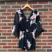 Bailey Blue Black and Pink Rose Floral Chiffon Wide Sleeve Surplice Romper