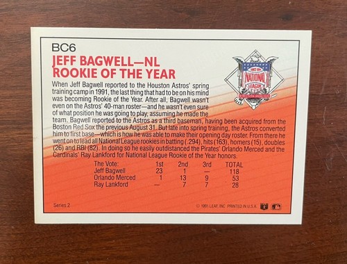 Donruss 1992 Jeff Bagwell NL Rookie Of The Yr #BC6 Houston Astros Baseball Card - Picture 2 of 2