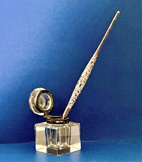 Vintage Sterling Silver Floral Dip Pen & Cut Glass w Hinged Inkwell Writing Set