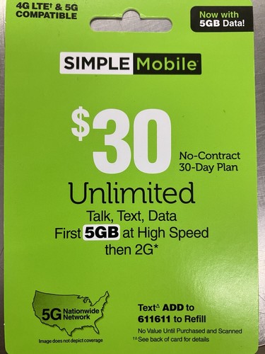Simple Mobile Prepaid $30 Refill Top-Up Prepaid Card ,Pin / Recharge