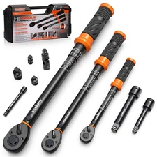 3Pack Torque Wrench Set 1/4", 3/8", 1/2" Drive Click Extra with Extension Bars