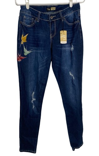 Suzanne Betro Jeans Damen Gr. 6 blau Denim bestickt Vogel distressed skinny - Bild 2 von 14