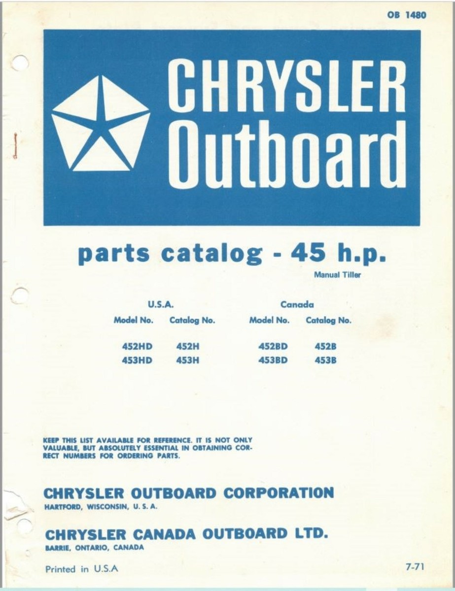 1971 Chrysler 45 HP 452HD 453HD 452BD 453BD Parts Catalog | eBay