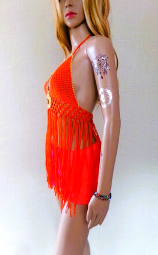 BNWT Bright orange & yellow crochet halter tie back top with centre flower - Picture 3 of 8