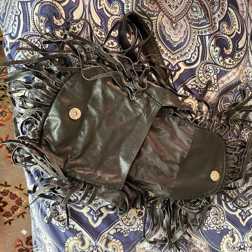Vintage Black LEATHER HIPPIE BOHO FRINGE BEADED CROSSBODY BAG PURSE Camel Bone - Picture 6 of 11
