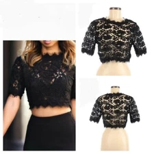 San Joy Black Lace Crop Top w/Side Zipper Women's L (Party Holidays Date Night)