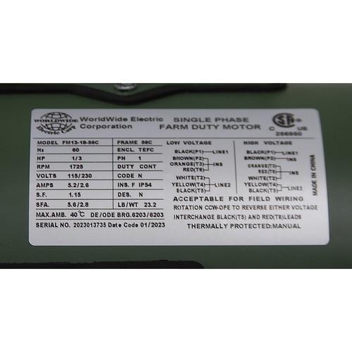 Motor de servicio agrícola 1/3 HP 115/230 voltios CA 1725 RPM WWE FM13-18-56C 10-3411 - Imagen 3 de 3