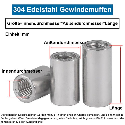 Gewindemuffen M3 - M16 Hülsenmutter Verbindungsmutter Gewindehülse A2 Edelstahl - Bild 2 von 42