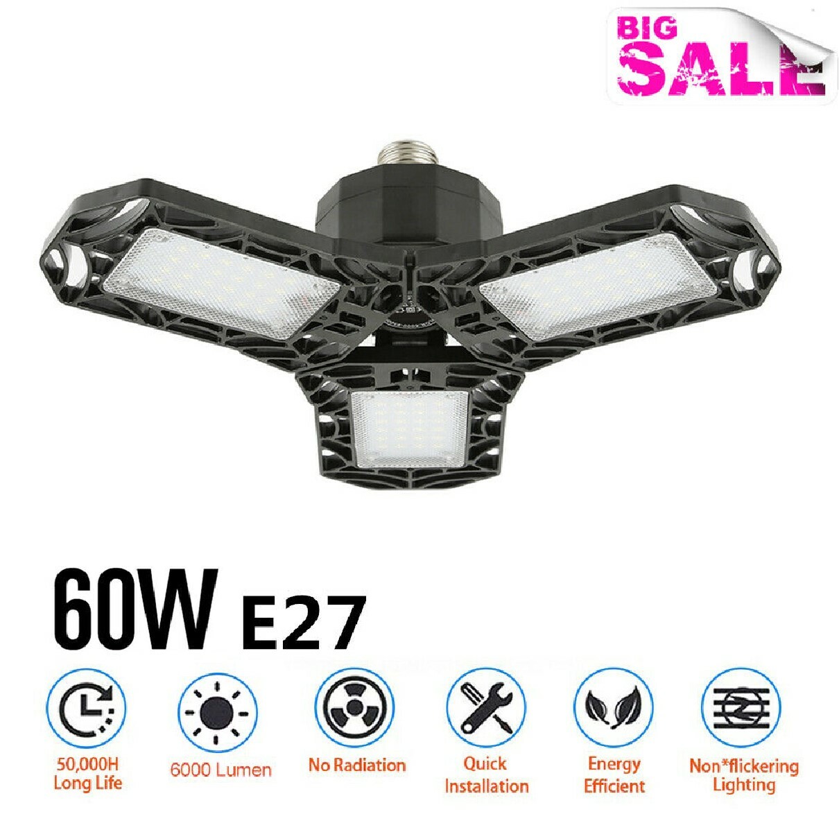 60W E27//26 Deformable LED Garage Light Super Bright Shop Ceiling Lights Bulb USA