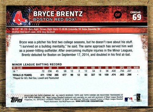 2015 Topps Chrome Refractor #69 Bryce Brentz Rookie RC Boston Red Sox - Picture 4 of 4