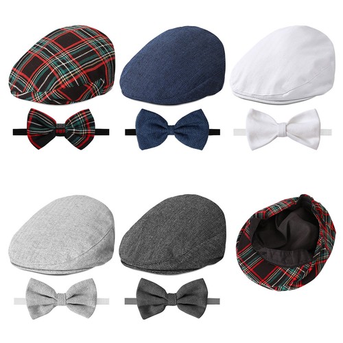 Baby Infant Beret Cute Bow Tie Breathable Driver Cap Cotton Newsboy 2pcs Flat - Picture 3 of 25