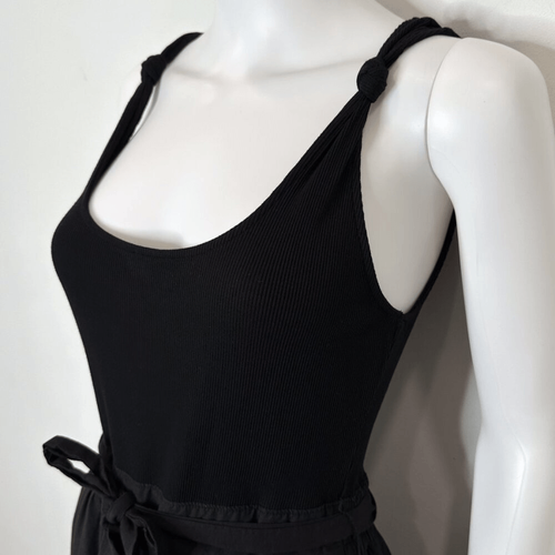 Paige Samosa Ribbed Knit Mixed Media Tiered A-Line Midi Dress in Black Size S - Picture 5 of 14
