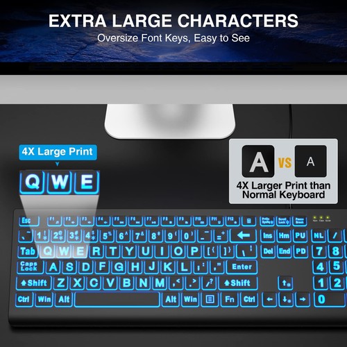 Large Print Backlit Keyboard, Wired USB Lighted Computer Keyboards with 7-Color - Picture 8 of 9
