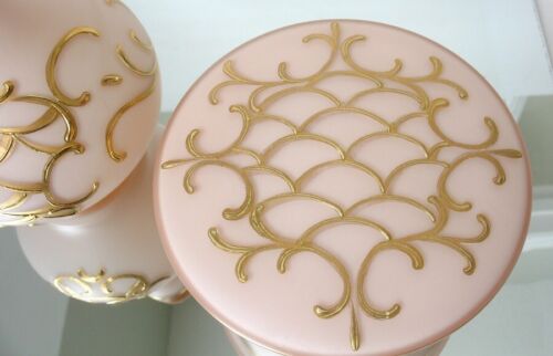 Vintage Vanity Set, IRICE Pink Satin Glass Perfume Bottle and Powder Jar/Trinket - Picture 3 of 8