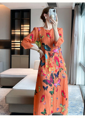 2024SS Fashion Pleated Printed Dress with Round Neck and Elegant A-line Skirt - Picture 2 of 15