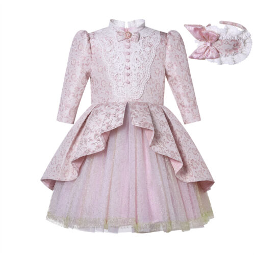 Holiday Lace Dresses for Toddler Girls Pink Floral Pearl Buttons Tulle Hem 2-12Y - Picture 2 of 19