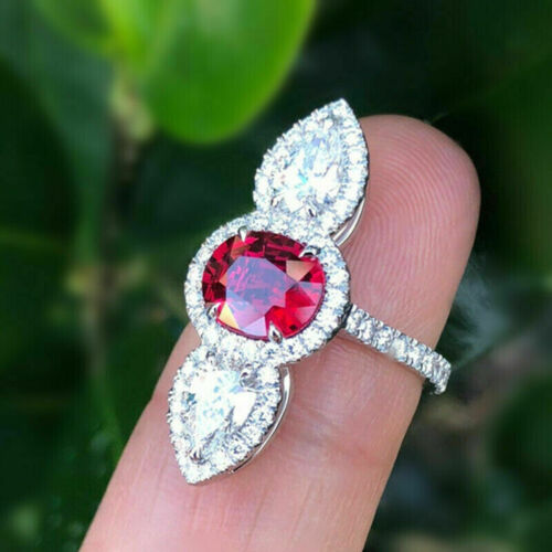 Lab Created Oval Cut Red Ruby Anniversary Hand Crafted Ring 14K White Gold Over - Picture 2 of 9