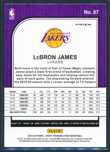 LeBron James 2019-20 Panini Hoops Premium Stock Silver Scope Prizm #87 Lakers - Picture 2 of 2