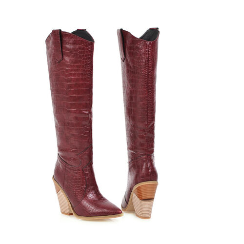 Women Western Pointed High Heel Biker Cowboy Goth Knee High Boots Big Size 34-48 - Picture 15 of 16