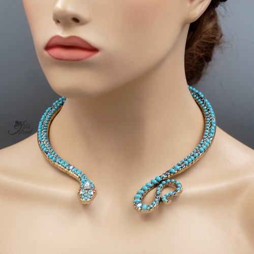 Women Blue Turquoise Collar Snake Necklace Antique Gold Plated Fashion Jewelry - Picture 5 of 7
