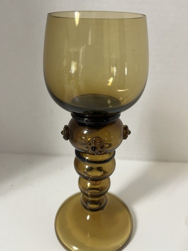 Roemer Blown Glass Pair Wine Glasses Golden Amber Hollow Stem Prunts Germany 2 - Picture 2 of 5