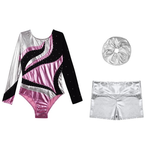 Kids Girls Outfit Metallic Set Rhinestones Dancewear Shiny Round Neckline Dance - Picture 23 of 53