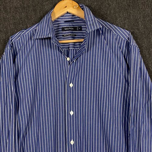 Nautica Mens Medium Long Sleeve Button Up Shirt Blue Pencil Stripe Mercerised - Picture 2 of 12