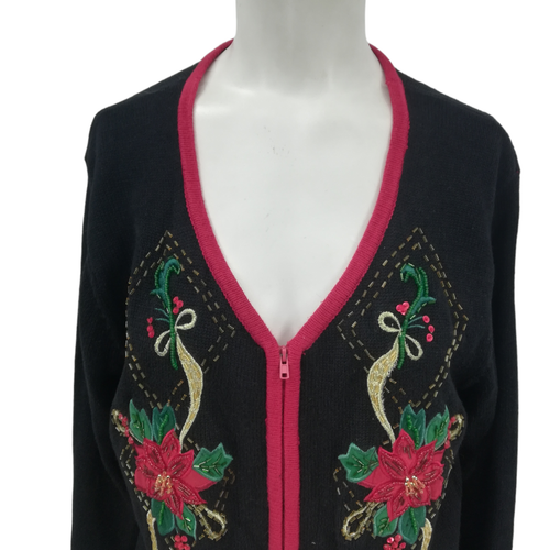Heirloom Collectibles Christmas Beaded Embroidered Cardigan Sweater Size XL Zip - Picture 8 of 13