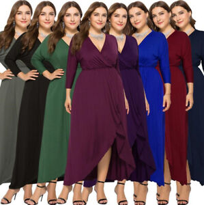 Women-Elegant-Fashion-Dress-V-neck-3-4-Sleeve-Evening-Party-Slit-Dress-Plus-Size