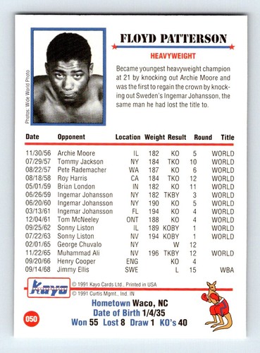 Floyd Patterson “Campeón Peso Pesado” WACO, NC 1991 Kayo Boxeo #50 COMO NUEVO - Imagen 4 de 12