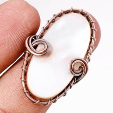 Mother Of Pearl Gemnstone Ring Handmade Ethnic Wire Wrap Copper Jewelry 6.50" d4