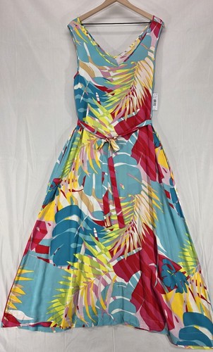 NWT Natori Womens Maxi Dress Tropical Gauze Pockets Belt Resort Vacation Size S