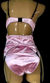 Vtg Style Baby Pink 2nd Skin Satin & Hi Cut Teddy Bodysuit Garter Sissy L