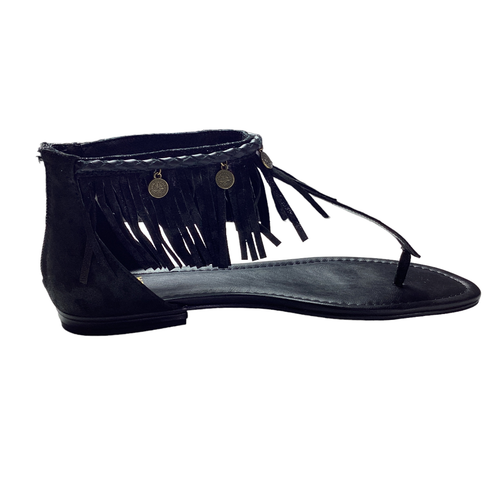Isola Mardi Sandals Womens 9 40 Black Suede Fringe Flat Thong Zip Back NEW - Picture 5 of 8