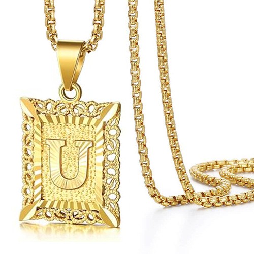 Initial Letter Pendant Necklace for Men Women, 14K Gold Plated Square Necklace - Picture 24 of 29