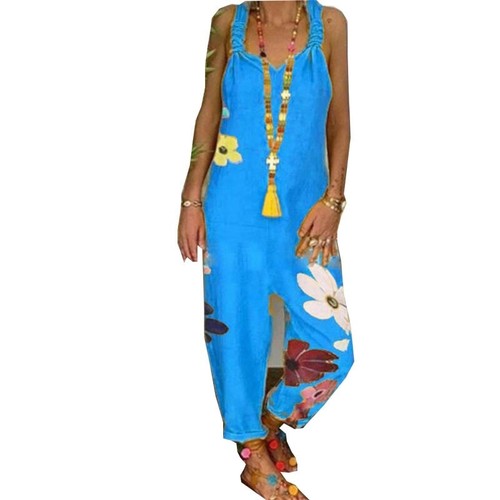 Locker geknotete Latzhose Damen Overall ärmellos Playsuit Blumen Denim Jumpsuit - Bild 20 von 20