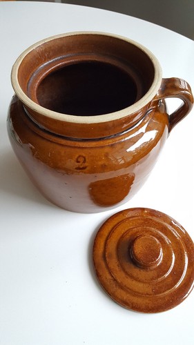Vtg. Stoneware 2 Qt. ~ 1 Handle Bean Pot, Brown-Glazed Yelloware Crock Jug w/Lid - Afbeelding 7 van 12