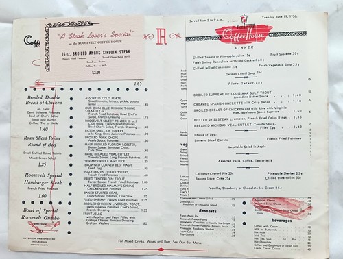 New Orleans The Roosevelt Hotel Vintage 1956 Coffee House A La Carte Menu - Picture 2 of 7