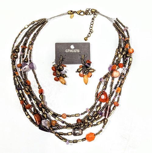 Chicos Perlen Glas & Stein Multi Strang Lagenlook Verstellbar Halskette & Ohrringe - Bild 2 von 9