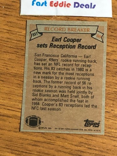 TOPPS NFL FOOTBALL 1981 EARL COOPER RECORD BREAKER CARD 331 SAN FRANCISCO 49ERS - Picture 2 of 2