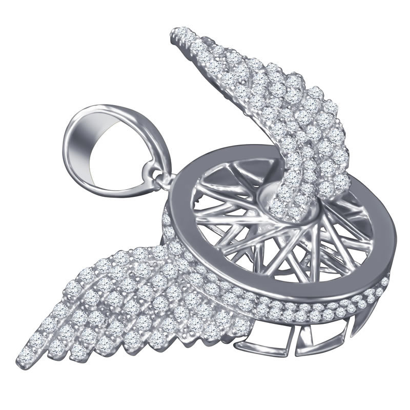 10K White Gold On Silver Flying Tire Wheel Rim Wings Pendant Simu Diamond Charm Cena, klasyczna popularność