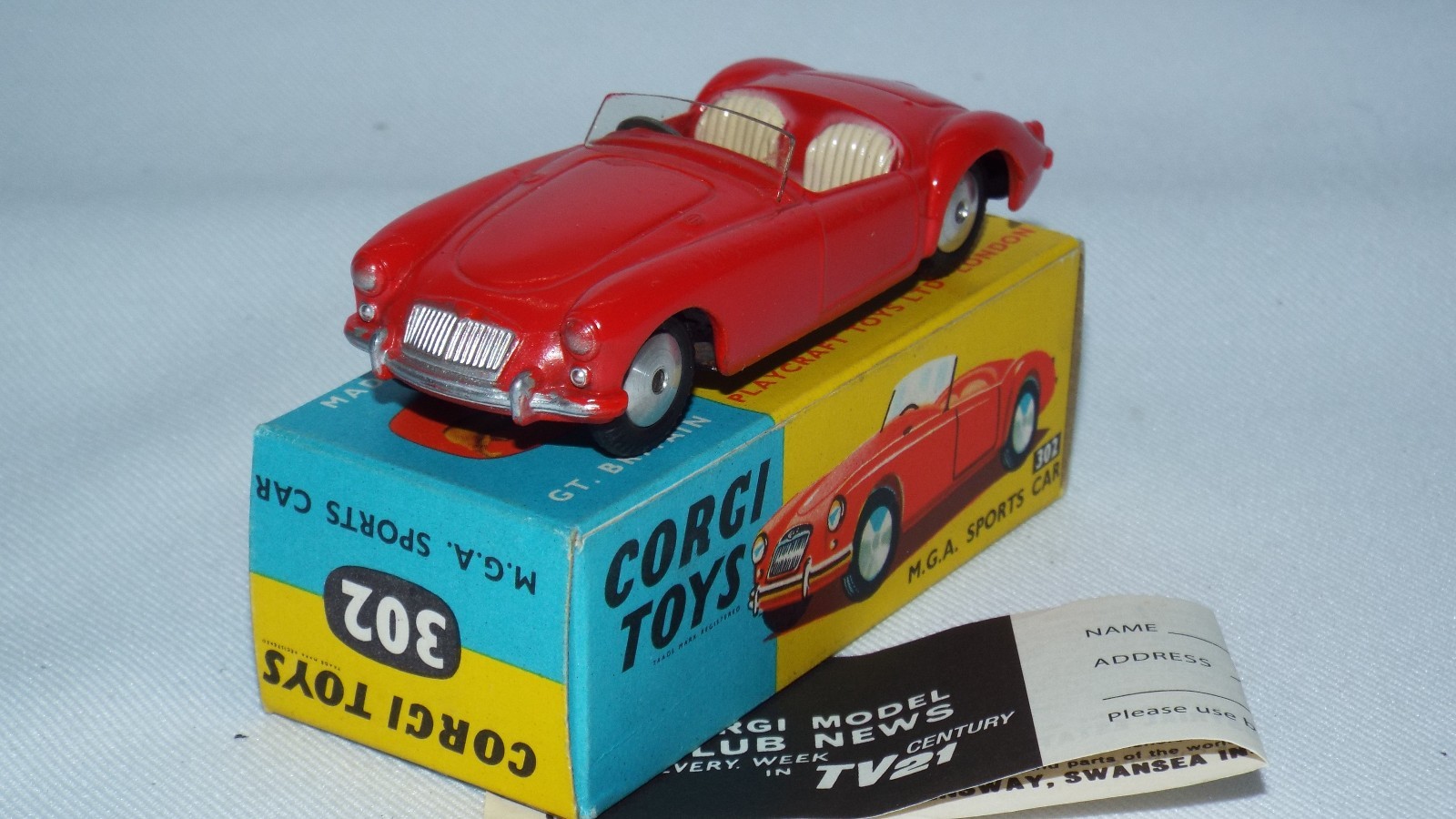 Corgi original series No 302 is the model of the M G A Sports car MB Corgi original series No 302 is the model of the M G A Sports car MB