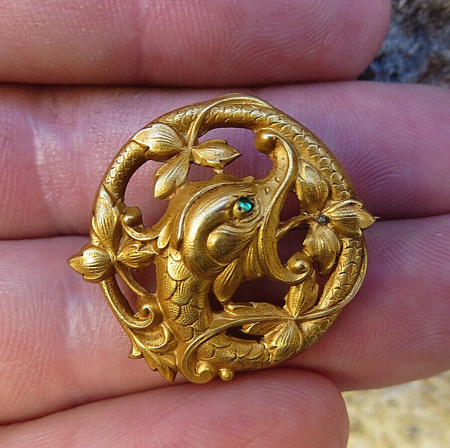 Broche Ancienne Art Nouveau Signée EZ, Plaquée Or, Motif Fleur - Vintage, Bon état, Origine France
