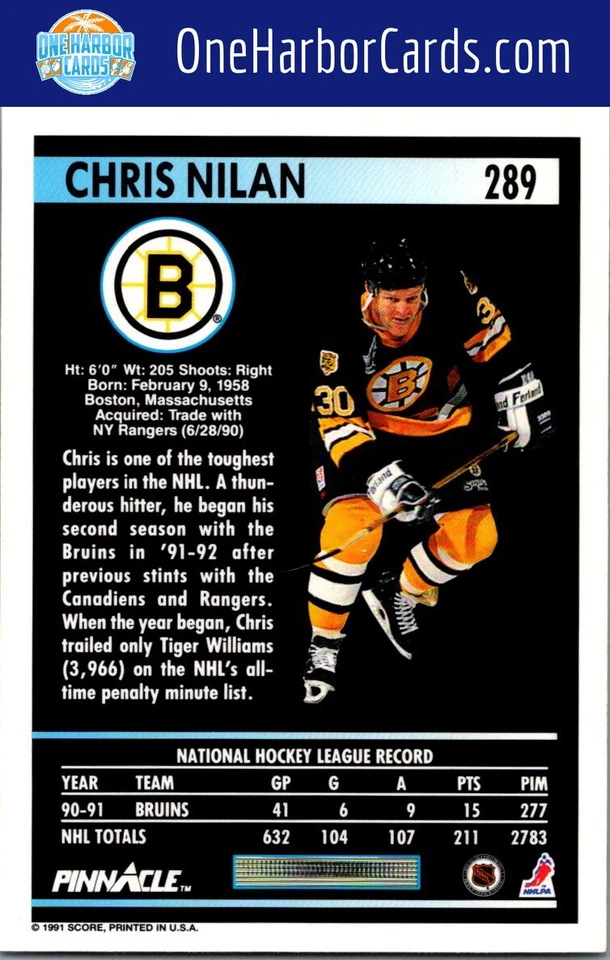 1991-92 Pinnacle French Boston Bruins #289 Chris Nilan - Image 2 of 2