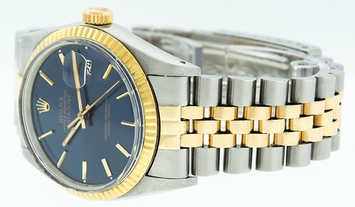 Rolex Mens 36MM Quickset 2Tone Blue Dial Yellow Gold Fluted Bezel Datejust - Picture 8 of 11
