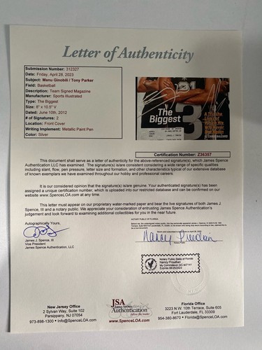 TONY PARKER MANU GINOLBILI Autographed Signed Sports Illustrated Spur DUNCAN COA - Picture 2 of 2