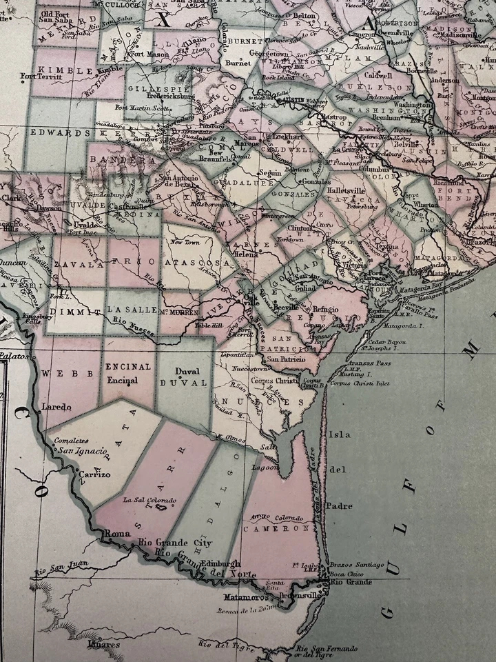 Texas y Territorio Indio 1873 JD Williams mapa estatal temprano coloreado a mano grande Foto 2 de 4