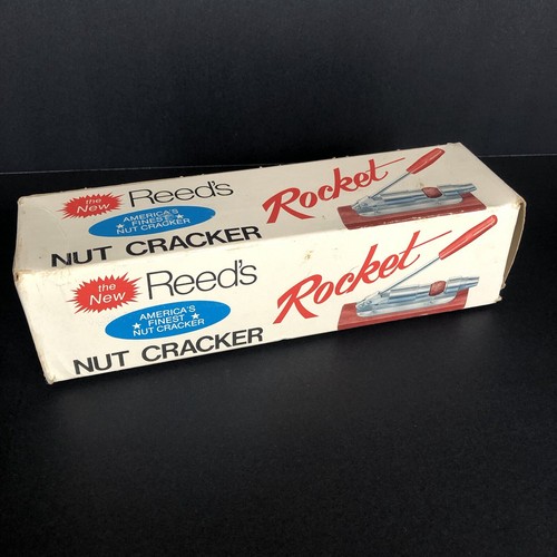 Vintage Walnut Pecan Nut Cracker Metal Oak Wood Base Reeds Rocket with Box! - Picture 8 of 9