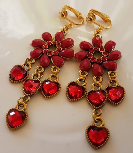OHRCLIPS CLIPS LANG  BLUMEN HERZEN STRASS ROT GOLDFARBEN - Bild 2 von 2