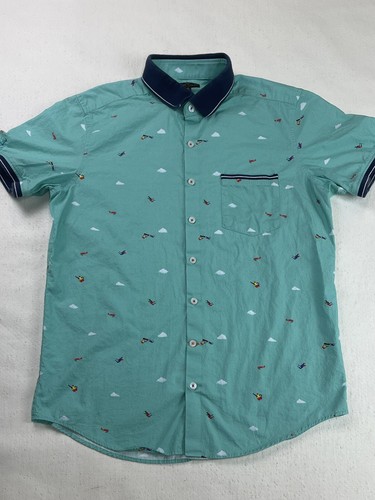 Simon Carter Button Up Shirt Mens 40 Small Short Sleeve Planes Skydivers Teal - Picture 1 of 8